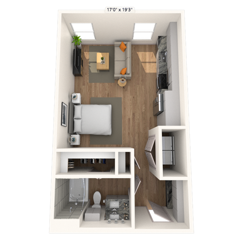 Floor plan for studio, 1 bath, 542 sqft